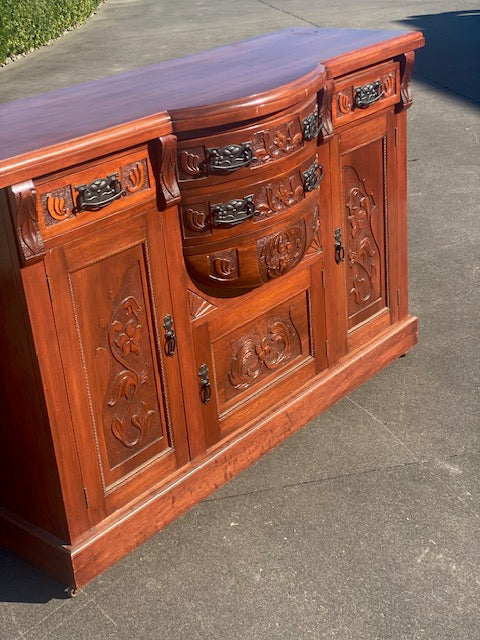 Antique c1910 Kauri Bow Front Chiffonier | Carved Mirrored Hutch | New Zealand Native Timber