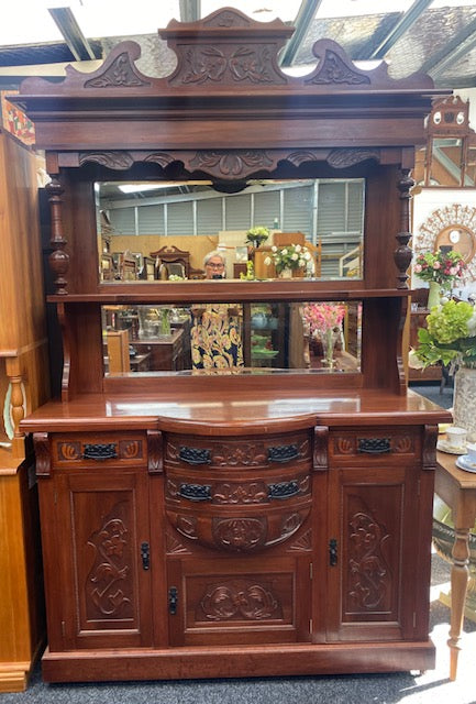 Antique c1910 Kauri Bow Front Chiffonier | Carved Mirrored Hutch | New Zealand Native Timber