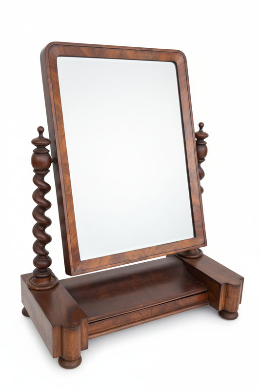 Victorian Antique Large Barley Twist Mahogany Dressing Mirror, Hinged Compartment,