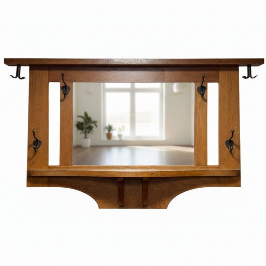 Arts & Craft Oak Coat Rack With Steel Hooks & Revolving Cap Hooks. H60 W102 D13cm