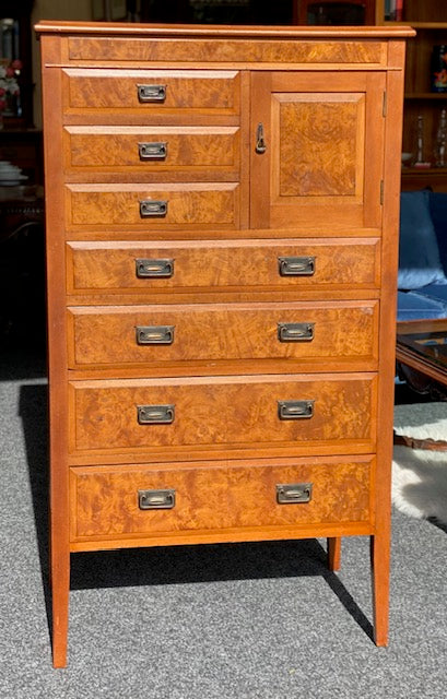 Antique Solid Wood Tallboy Jewelry and Cupboard Mottled Burr Walnut