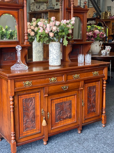 Antique Victorian Carved Mahogany Mirror Back Sideboard | Brass Handles | 2 Piece