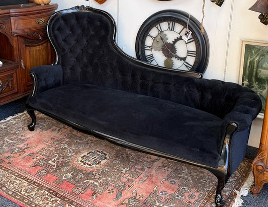 Gorgeous Mahogany Painted Black Chaise Buttoned Back, Black Velour Upholstered