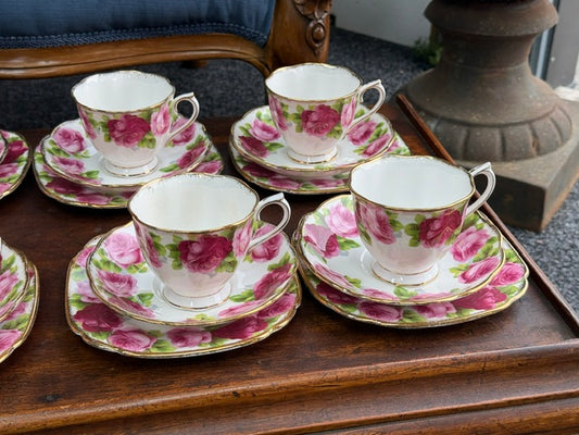 Vintage Old English Rose China Trios, milk jug, sugar bowl