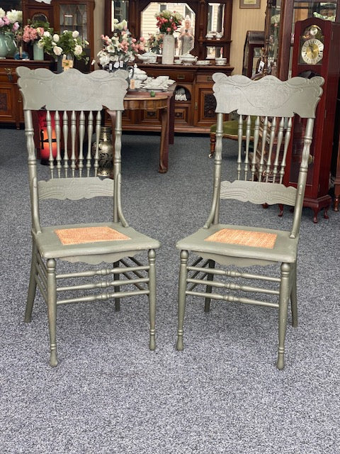 Pair Of Antique Painted Green Dining Chairs Spindle-Back Cane