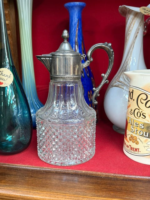 Vintage Crystal Diamond Pattern & Silverplate Claret Jug Red Wine Decanter