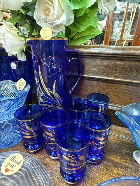 Vintage Bohemian Cobalt Blue Jug and 6 glasses