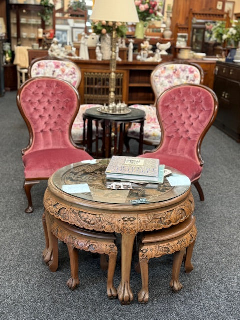 A Vintage Mahogany Ladies Grandmother Chair, Queen Anne Style Pink Button Back