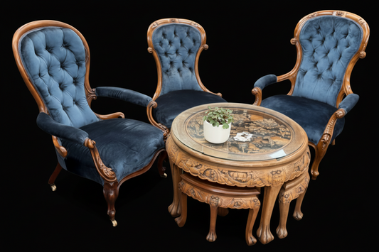 Stunning 3 piece Victorian Reupholstered Spoonback Grandfather and Grandmother chairs