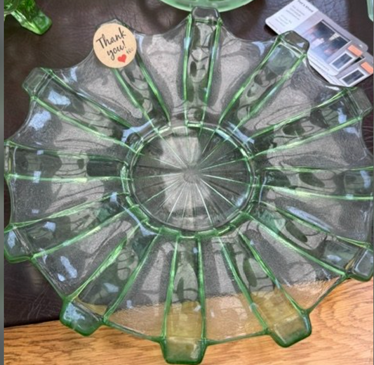 Art Deco Green ribbed Vintage Depression Glass plate