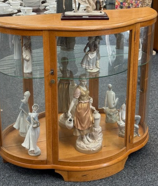 Vintage Art Deco Oak Mirror Back Display Cabinet with curved glass n key