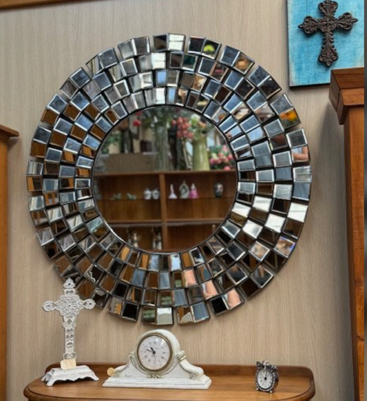 Stunning Round Glass Art 100cm Wall Mirror - Framed With Offset Mosaic Glass Panels