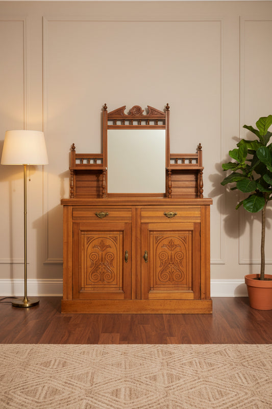 Antique Edwardian Carved Mahogany Chiffonier | Mirror Back | Brass Handles