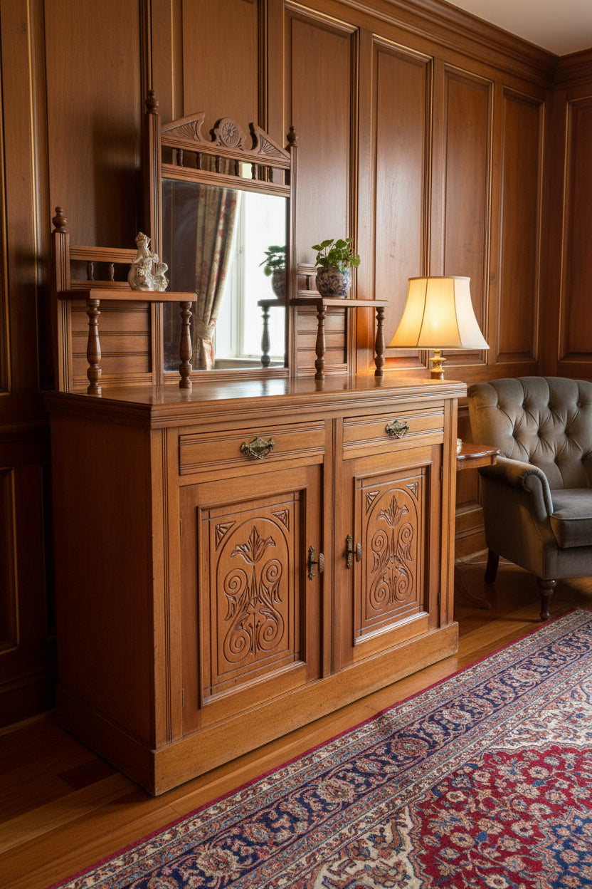Antique Edwardian Carved Mahogany Chiffonier | Mirror Back | Brass Handles