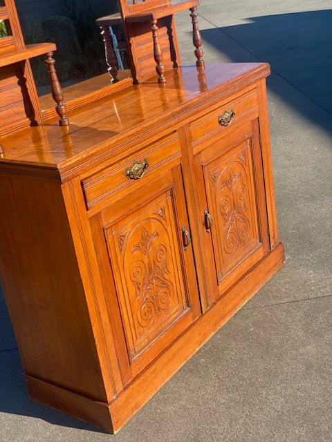Antique Edwardian Carved Mahogany Chiffonier | Mirror Back | Brass Handles