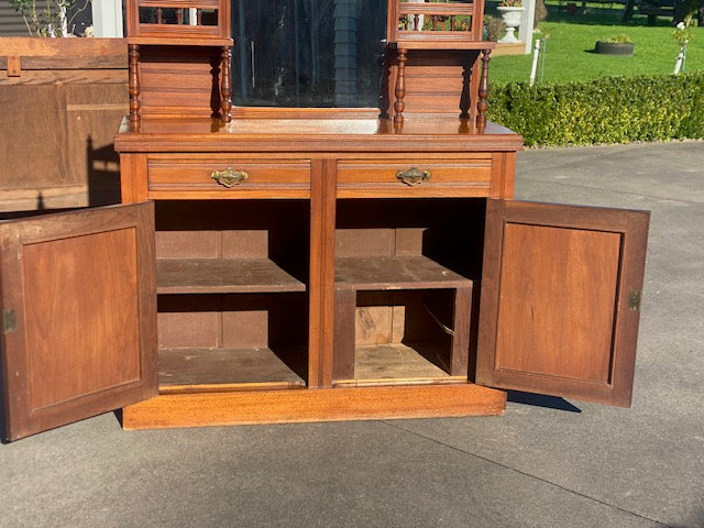 Antique Edwardian Carved Mahogany Chiffonier | Mirror Back | Brass Handles