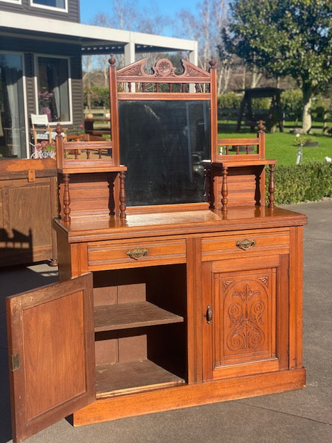 Antique Edwardian Carved Mahogany Chiffonier | Mirror Back | Brass Handles