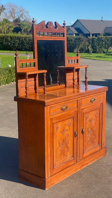 Antique Edwardian Carved Mahogany Chiffonier | Mirror Back | Brass Handles