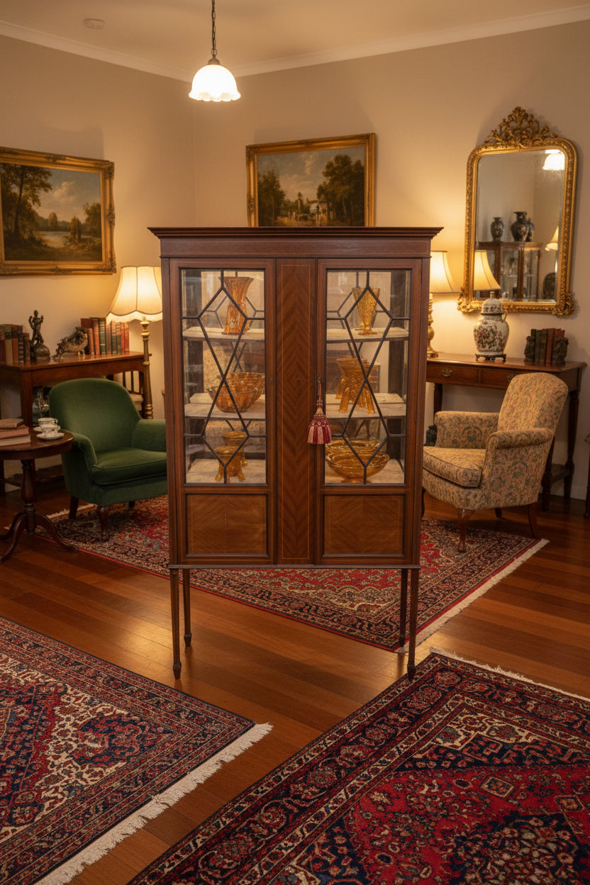 Elegant Edwardian Inlaid Mahogany Mirror Back Inlaid Display Cabinet