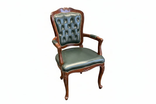 Chesterfield Style Armchair Green Leather, Buttoned Back & Brass Coloured Dome Detail