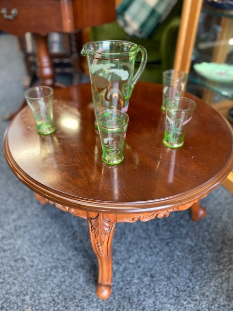Vintage Green glass Water or Lemonade Pitcher and 5 glasses hand-painted with white and gilt details