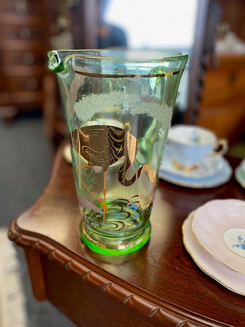 Vintage Green glass Water or Lemonade Pitcher and 5 glasses hand-painted with white and gilt details