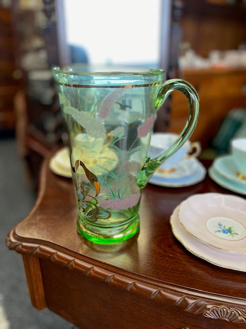 Vintage Green glass Water or Lemonade Pitcher and 5 glasses hand-painted with white and gilt details