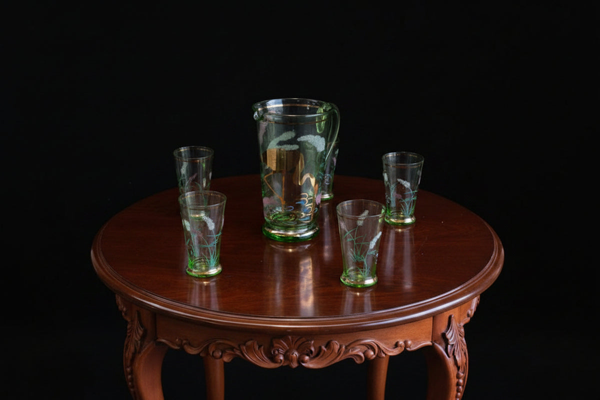 Vintage Green glass Water or Lemonade Pitcher and 5 glasses hand-painted with white and gilt details