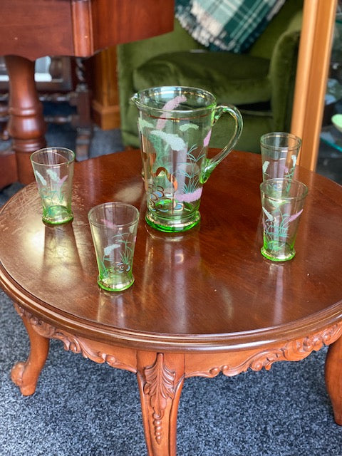 Vintage Green glass Water or Lemonade Pitcher and 5 glasses hand-painted with white and gilt details