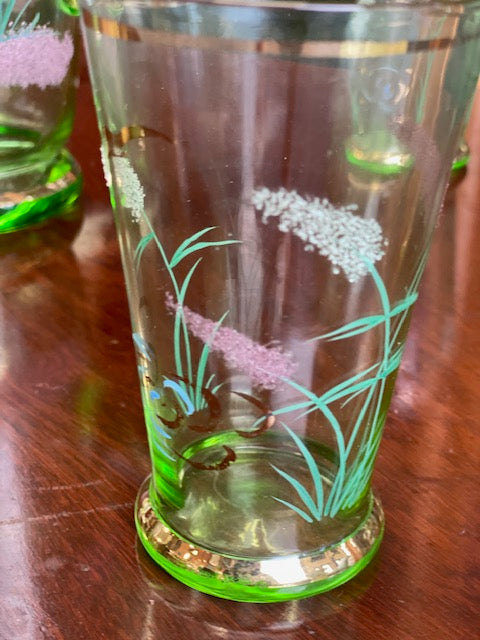Vintage Green glass Water or Lemonade Pitcher and 5 glasses hand-painted with white and gilt details