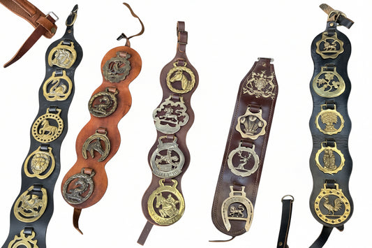 Bulk lot of Vintage Horse Brasses on leather