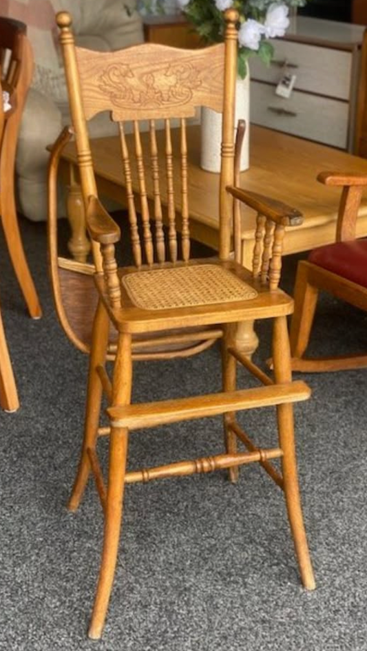 Sweet Antique Child's High Chair rattan and oak